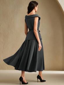 Anewsta Đầm midi màu xám thiết kế trễ vai thanh lịch mới, thắt eo, trang phục công sở - Xám - Xem 7