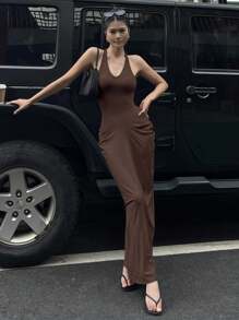 Strévra Women V-Neck Bodycon Maxi Wrap Dress