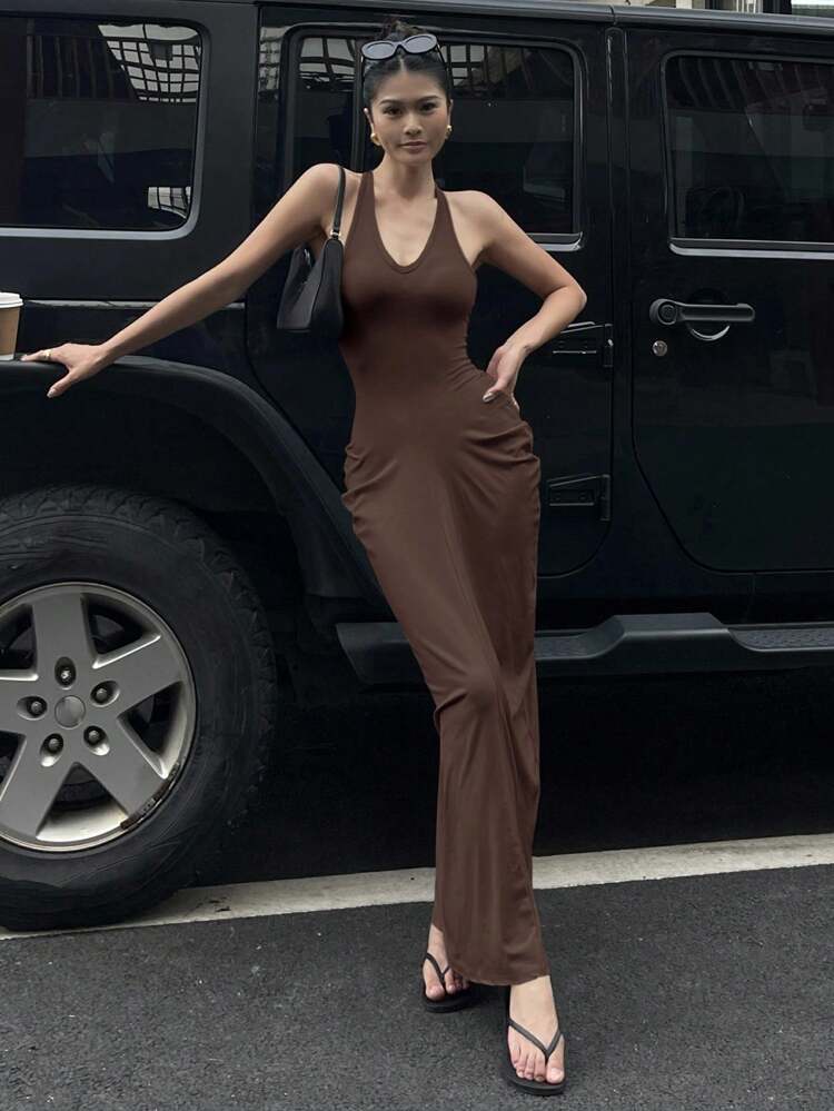 Women's Solid Color Halter Bodycon Korean Style Sexy Mid-Length Dress, Summer Maxi Dress Sundress