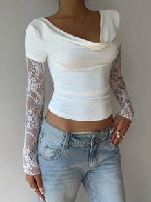 SHEIN EZwear Weiße Lässig Damen Kontrast Spitzen Langarm Rundhals figurbetontes T-Shirt