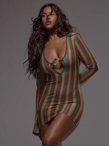 MUSERA 喇叭袖装饰条纹钩针迷你连衣裙波西米亚风节日假日沙滩装夏季度假可爱优雅伊比沙岛约会之夜、夜间外出、生日