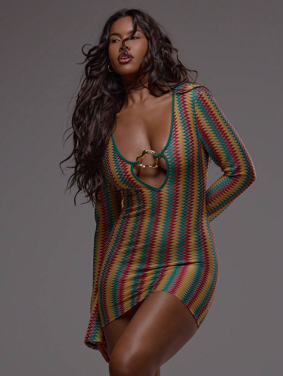 MUSERA 喇叭袖装饰条纹钩针迷你连衣裙波西米亚风节日假日沙滩装夏季度假可爱优雅伊比沙岛约会之夜、夜间外出、生日