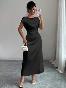 Rafferiza 女士优雅约会/通勤高领系带连衣裙，短袖 - 黑色 - 查看 5