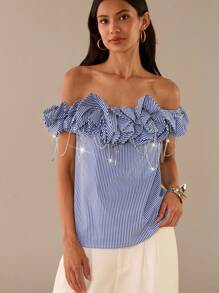 Lilora Women's Fashion Off Shoulder Striped Top With Crystal Chain Decoration, Summer - Blue and White - View 6