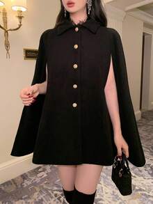 DAZY 女士加大码加厚羊毛披肩外套，复古优雅高端秋冬斗篷夹克 - 黑色 - 查看 14