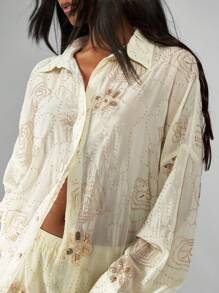 MISSGUIDED Elegant Beaded Sequin Button Down Shirt Long Sleeve Collared Blouse Dressy Oversized Fall Winter Party Holiday Festival Evening Wear - Coffee Brown - View 6