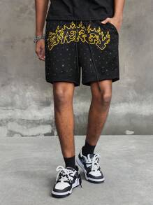 ROMWE MEN Street Life Shorts casuales de verano para hombre con bordado de letras con pedrería brillante