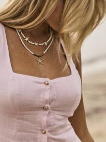 Aralina Đầm mini cổ vuông đi biển nghỉ dưỡng mùa hè/thu cài nút - Hồng - Xem 4