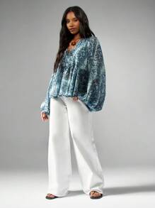 MISSGUIDED Balloon Sleeve Blouse Snake Python Print V Neck Boho Chic Long Sleeve Peasant Top Wide Flowing Empire Waist Pleated Fall Winter Fashion - Blue - View 4