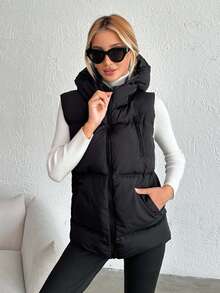 SHEIN Tall Tall Size Casual Zip Up Hooded Winter Coat Vest - Black - View 5