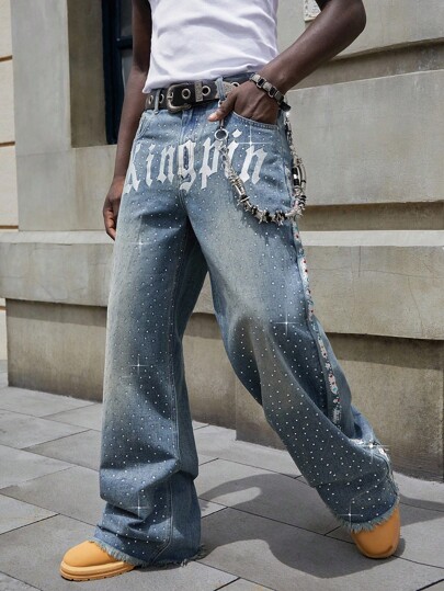 Street Life Men's Loose Fit Jeans With Sparkling Diamond Embroidery Design