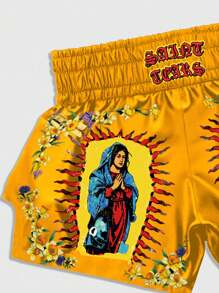 ROMWE MEN Street Life 男士休闲动漫印花松紧腰平角短裤 - 金色 - 查看 3