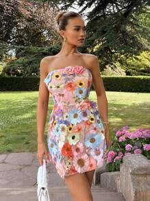 Glamine 女士 3D 刺绣花卉连衣裙露背系带连衣裙露肩迷你连衣裙复古宴会连衣裙 - 藕粉色 - 查看 3