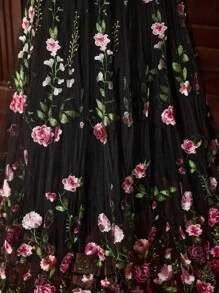 ZEYLAH 女士花卉刺绣透视长袖连衣裙，海滩度假风格，春秋季 - 黑色 - 查看 2