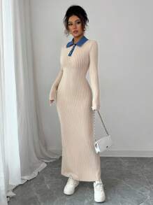 SHEIN Unity Long-Sleeved, Slimming Autumn/Winter Long Dress With Contrasting Color Stripes And Collars Fall Cloth For Women - Apricot - View 7