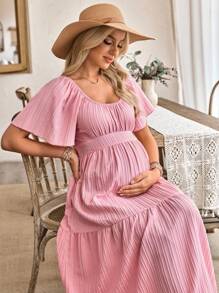 SHEIN Women's Casual Ruffle Sleeve Bow Back Design Maternity A-Line Dress - Pink - View 6