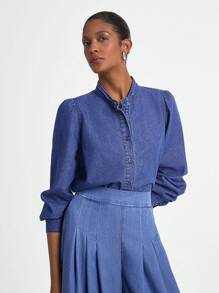 Daynim 女式长袖单排扣宽松休闲牛仔衬衫 - 中等水洗藍 - 查看 1