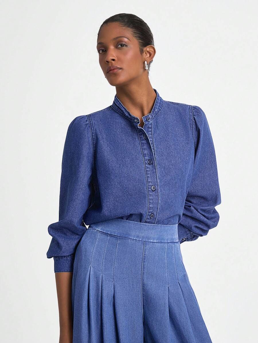 Daynim 女式长袖单排扣宽松休闲牛仔衬衫 - 中等水洗藍 - 查看 1