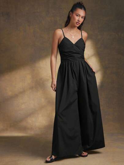 WESTFADE Black,Summer,Elegant,Dinner Date Surplice V Neck Smocked Back Bow Tie Waist Sleeveless Poplin Wide Leg Utility Jumpsuit Boho Casual Western For Women