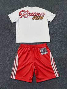 Manfinity Roghcode 男士短袖套装，短袖 T 恤搭配短裤套装，休闲装，适合年轻休闲、通勤、返校、运动，送给丈夫或男朋友的绝佳礼物，男女通用情侣套装 - 彩色 - 查看 2