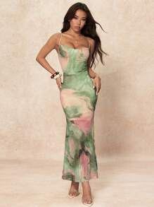 SHEIN PETITE Váy bó in họa tiết tie-dye thanh lịch dành cho nữ, mùa hè - màu xanh lá - Xem 4