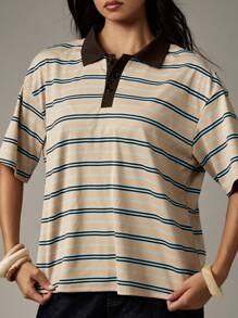 MISSGUIDED 复古条纹橄榄球 Polo 衫休闲学院风超大长款半袖领秋冬日常时尚必备 - 彩色 - 查看 6
