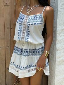 Lyxana Women's Casual Holiday Retro Print Patchwork Ruffle Strap Mini Dress, Summer - Multicolor - View 8