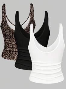 INAWLY 2pcs/Set Plus Size Women Leopard Print & Solid Color V-Neck Crop Tops, Summer - Multicolor - View 2