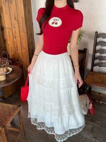 DAZY 女士夏季蕾丝拼接休闲A字裙 - 白色 - 查看 3