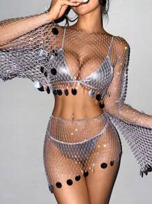 EgrlEra 2pcs Women's Rhinestone Fishnet Accessories Set, Sparkling Rhinestone Embellished Suitable For Bar, Party, Music Festival, Club Outfit