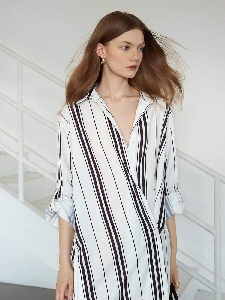 Long Sleeve Striped Loose Fit Midi Dress, Casual/Business Formal Wear For Women, Spring/Summer/Autumn