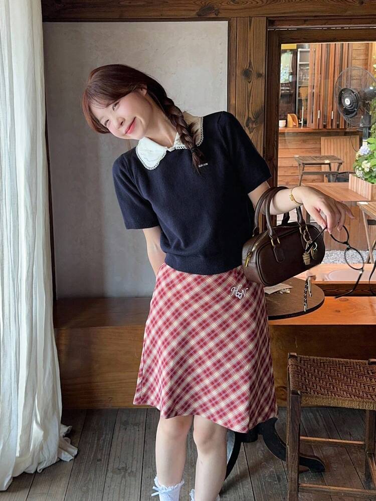 Women's Casual Commuter College Style Contrast Color Peter Pan Collar Letter Embroidery Short Sleeve Knit Top