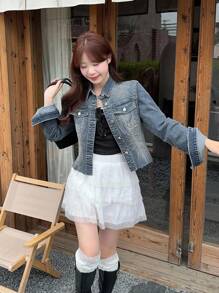 DAZY 韩版女式做旧休闲牛仔上衣，牛仔外套，秋季女装长袖 - 藍色 - 查看 8