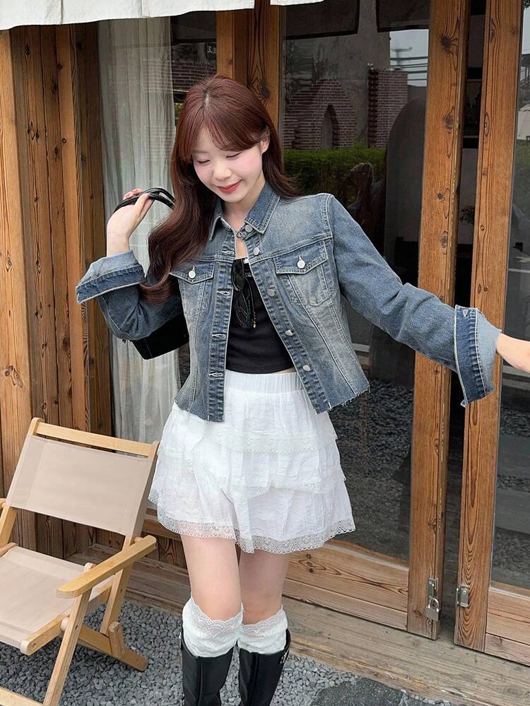 Women Korean Style Distressed Casual Denim Top,Jeans Jacket,Fall Women Clothes Long Sleeve Women
