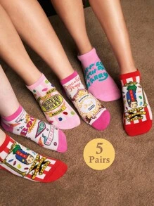 HARRY POTTER X SHEIN 5 Pairs Gift Box Packaging Soft & Breathable Moisture-Wicking Casual Women Ankle Socks WithBertie Bott's Every Flavor Beans Fashionable And Cute Pink Short Socks Reinforced Toe & Heel For Durabiliy All Season All-Match,Christmas
