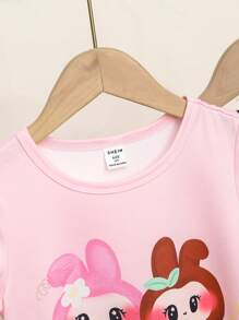 2pcs Young Girls Kid Pajama Dress Sleepwear, Cute Cartoon Naughty Bunny Printed Short Sleeve Round Neck Nightgown Two Pieces Set, Back To School Toddler Girl Clothes Summer - Pink - View 5