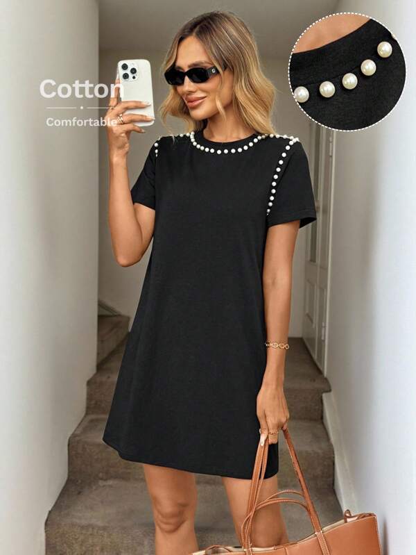 Easowa Rochie de vară nouă cu perle, guler rotund, perle, mânecă scurtă, neagră, tricou lung, potrivită pentru ținute casual de zi cu zi