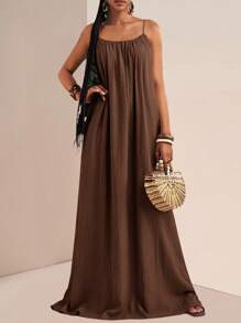 Zivah 2025 年夏季新品 音乐节、复活节、圣帕特里克节、西部风格、游牧风格、生日派对、毕业季、学生、日常休闲装、百搭百搭、休闲、度假、邮轮旅行、海滩、日光浴、社交媒体流行 可调节肩带无袖连衣裙、垂直纹理、宽松版型、卡其色女装 - 咖啡 - 查看 6