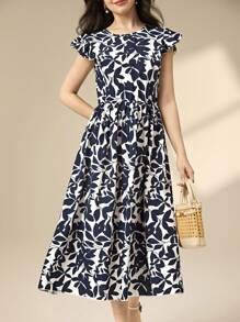 花卉印花系腰盖袖连衣裙，适合少女度假、休闲和日常穿着 - 藍色 - 查看 5