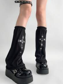 ROMWE Grunge Punk Quần giữ ấm chân giữa bắp chân bằng kim loại thêu chữ thập Gothic tối màu thời trang Y2K, thích hợp cho kỳ nghỉ, tiệc tùng, mua sắm, chụp ảnh, Halloween - màu đen - Xem 1