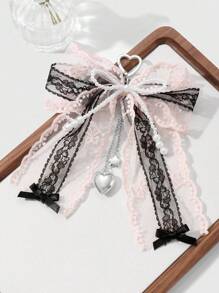 ROMWE Kawaii 1pc Retro Handmade Beaded White Pearl, Pink & Black Lace Bow, Layered Chain With CCB Heart & Star DIY Keychain/Bag Charm, Stylish & Elegant, Suitable For Women/Girls, Great Gift - Multicolor - View 7