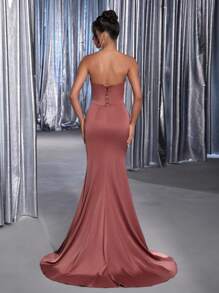 Glamrae 优雅奢华玫瑰棕色缎面手工钻石装饰系带细节鱼尾长裙女式正式晚宴晚礼服 - 棕色 - 查看 3