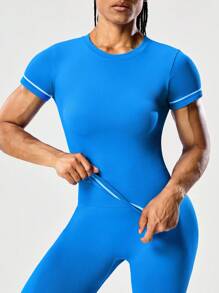 SHEIN Sports Nahtloses Damen Vintage Kontrast Farbiges Figurbetontes Yoga Sport Kurzarm T-Shirt - Blau - Übersicht 3