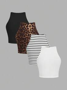 SHEIN EZwear Bộ 4 áo ba lỗ nữ thường ngày, họa tiết kẻ sọc và da báo, áo ôm vừa vặn đa năng, thích hợp mặc ở sân bay, trở lại trường, áo mùa hè - Nhiều màu - Xem 2