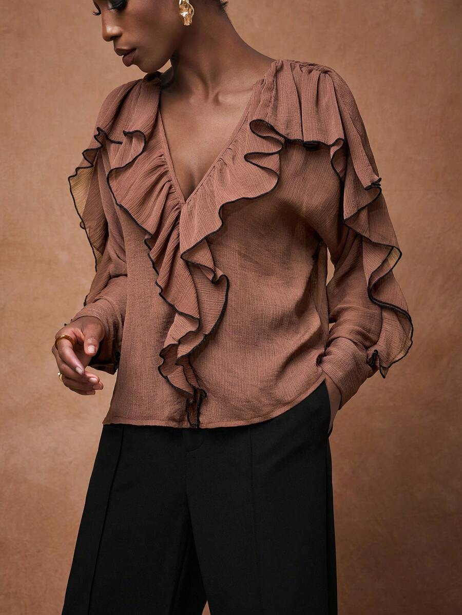 Zivah 2025 夏季新款母亲节、婚礼、生日派对、休闲、度假、时尚、街头风格、优雅、商务休闲女士宽松深 V 领荷叶边袖拼布衬衫 - 棕色 - 查看 1