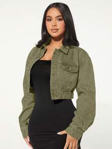 SHEIN SXY Women's Long Sleeve Single Button Casual Loose Short Denim Jacket - Olive Green - View 6