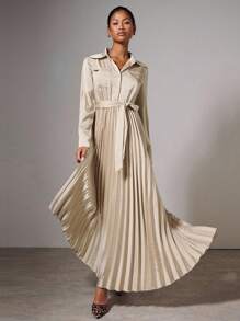 COSMINA Robe chemise longue pour femmes en satin élégant de couleur unie avec poche pliable, ourlet plissé et ceinture, printemps/automne - Nude - Voir 3