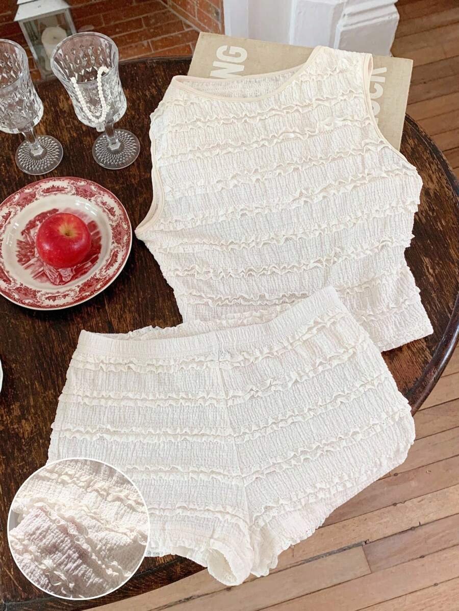 Comfortcana 杏色针织女款两件套，无袖短款上衣和短裤