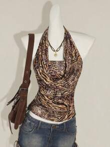 SHEIN ICON 2pcs Women Boho Brown Draped Country Concert Zebra And Leopard Print Bandeau Top And Strapless Camisole Set - Multicolor - View 5