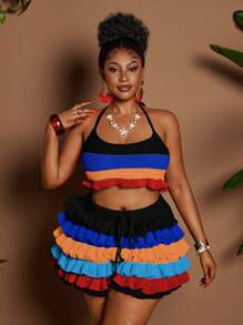 Maweii Conjunto de 2 piezas para mujer de talla grande, de unicolor, con cinta, estilo hueco para playa y vacaciones, sexy, vestimenta de playa, conjunto de verano para mujer, estilo bohemio - Multicolor - Ver 4